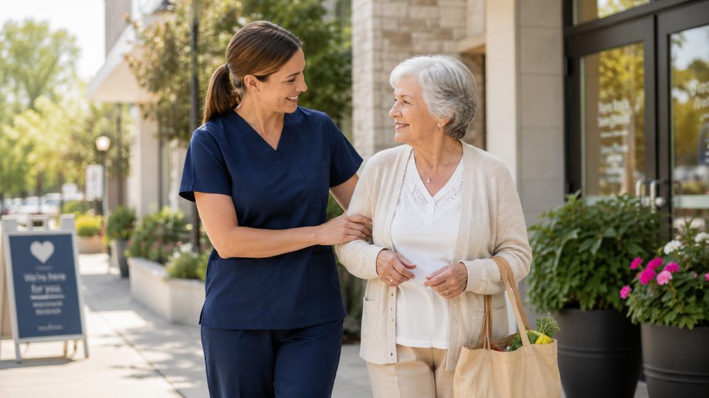 Accompagnatrice et personne aînée en sortie, complice et souriante