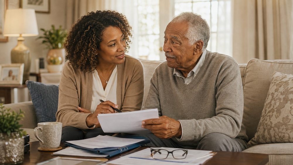 Famille consultant les documents pour l'Allocation autonomie à domicile