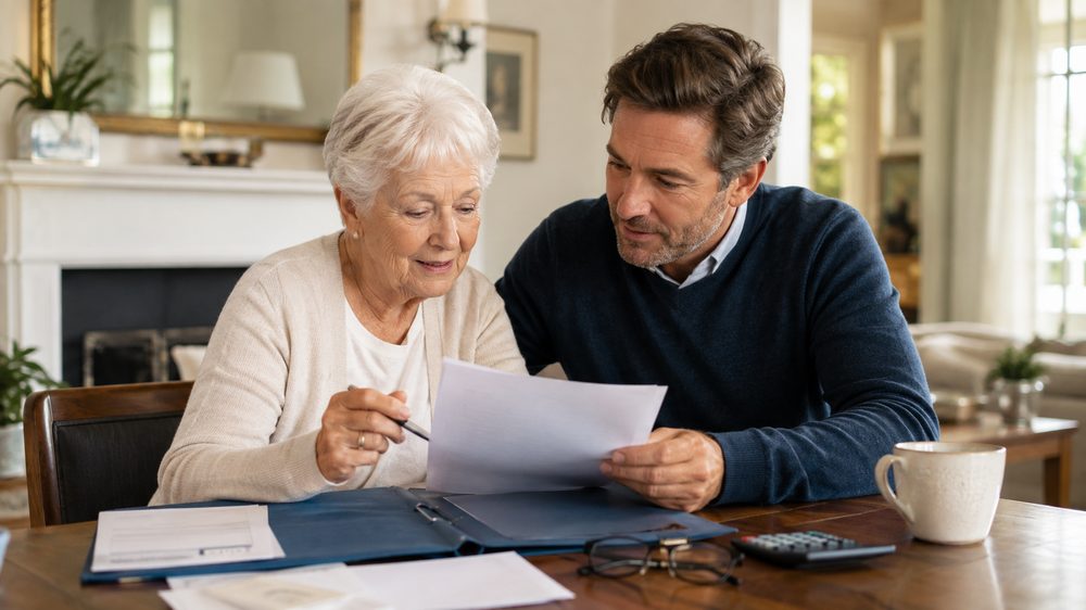 Personne aînée et sa famille consultant leurs documents pour le crédit d'impôt